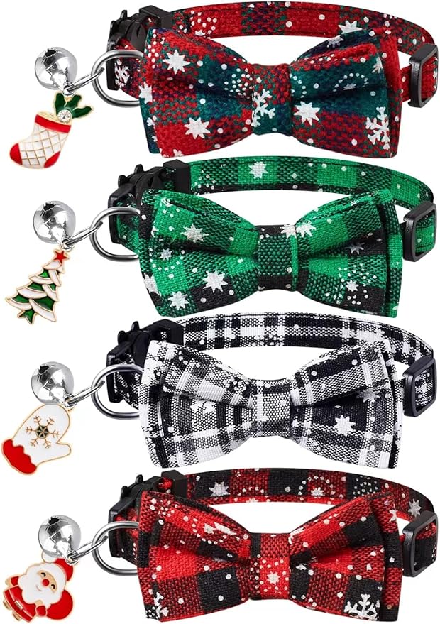 LLHK 4 Pack Christmas Cat Collars with Bow Tie and Bell,Breakaway Kitten Collar for Girl Boy Cats,Adjustable 7-12inch, for Kitty Kitten Adult Cats,Pet Supplies,Stuff,Accessories