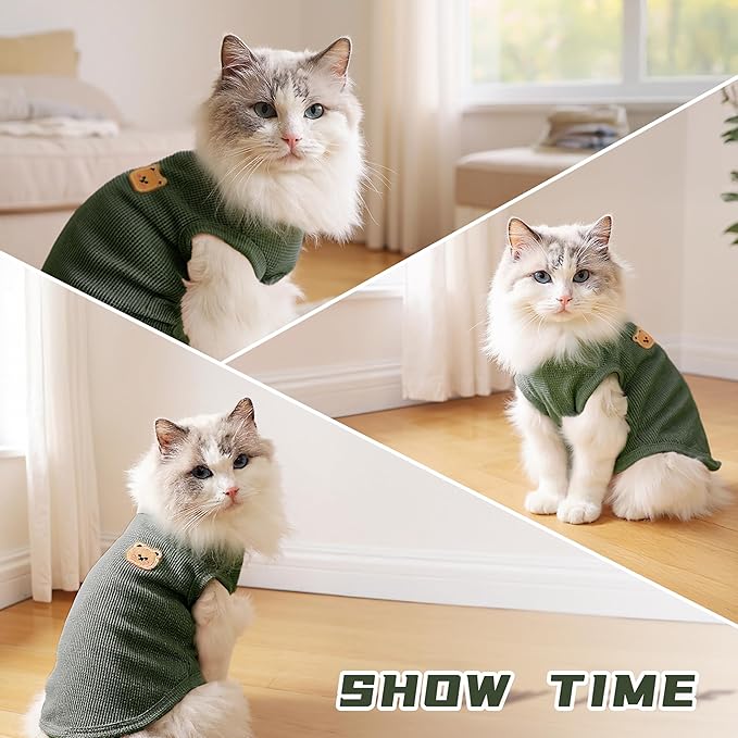 Waffle Knit Cat & Dog T Shirt for Small Dogs, Stretchable Puppy Shirt for Sphynx Cats & Small Breeds, Pet Clothes | Breathable Summer/Winter Apparel for Newborn(Green Large)