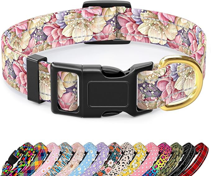 Reflective Dog Collar for Large Dogs, Cute Flower Theme Adjustable Heavy-Duty Nylon Puppy Collar for Boy and Girl Female, Soft Pet Accessories with Quick Release Buckle, Colorful Floral