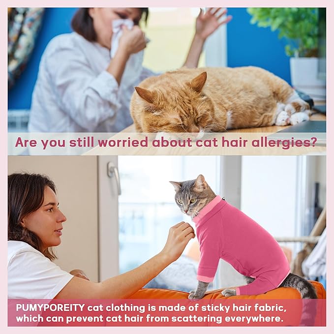 PUMYPOREITY Cat Recovery Suit, Stops Wound Licking After Surgery, Sticky Hair Shirt with Sticky Fabric, Cat Pajamas Prevents Over-Grooming, Pink, XS