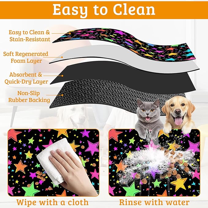 Neon Stars Dog Food Mat,Bright Colorful Absorbent Pet Feeding Mat for Food and Water Bowl,Quick Dry Dog Placemat Non Slip Rubber Backing Waterproof Pet Supplies 12" x 20"