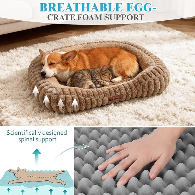 Orthopedic Dog Bed for Large Dogs, Comfort-Sided Calming Pet Bed with Breathable Memory Foam, Plush Faux Rabbit Fur & Non-Slip Bottom, Machine Washable with Carry Handle, 35"x27"x5.5", Brown