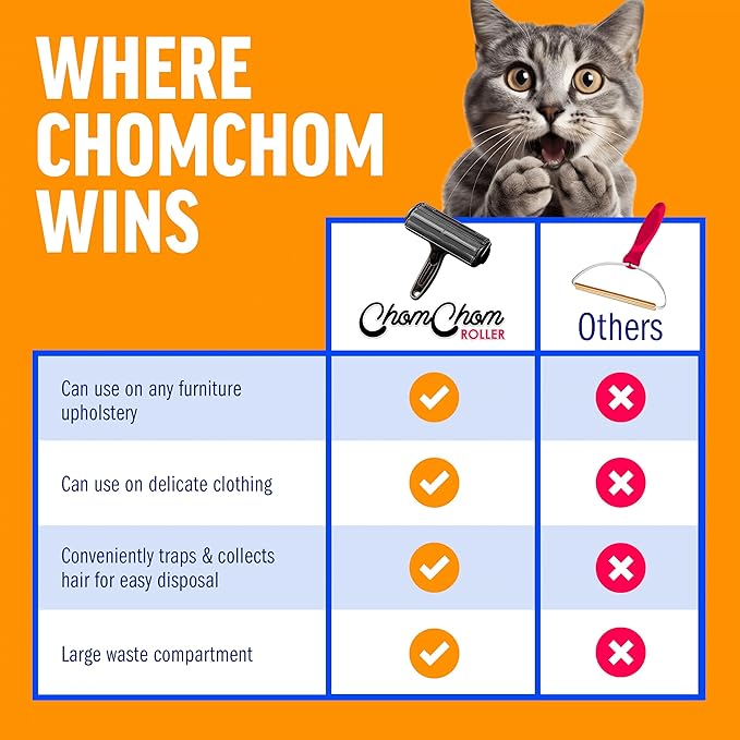 ChomChom Roller Pet Hair Remover – Original Size Reusable Lint Roller for Cat & Dog Hair on Furniture, Couch, Carpet, Car, Rugs & Bedding – Portable, Eco-Friendly (Black)