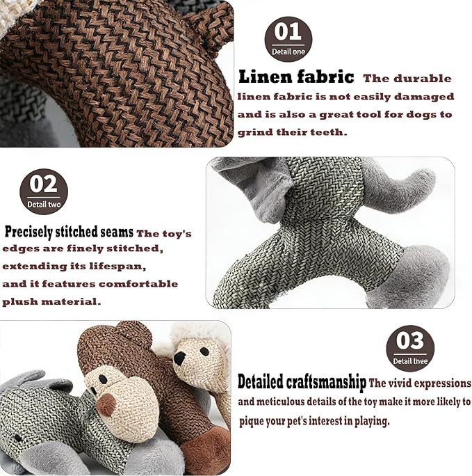 Linen Safari Companions, Squeaky Dog Chew Animals, with Durable Linen Material, Durable and Resistant to Chewing, for Relieve Dog's Boredom (Dog+Elephant+Sheep)