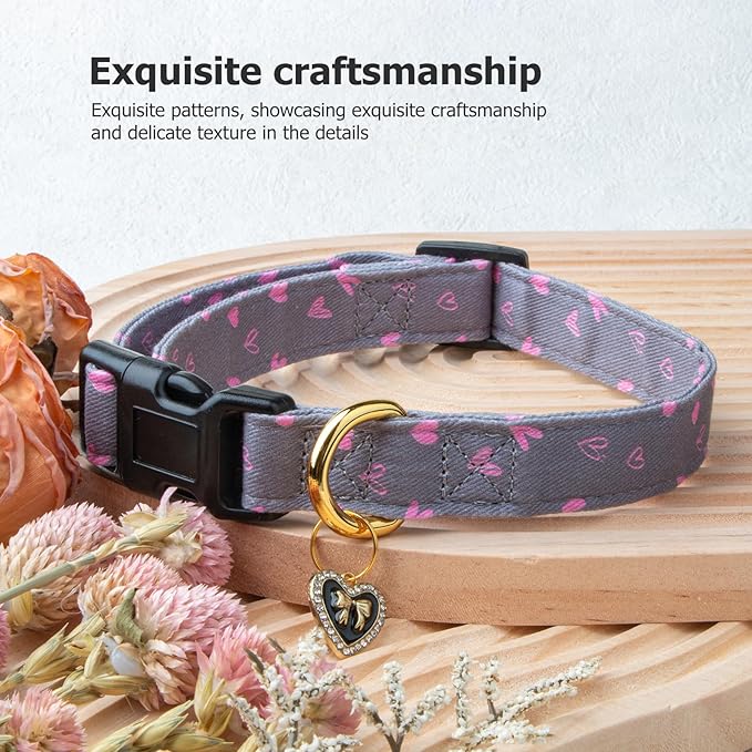 Cotton Handmade Dog Collar Cute and Distinctive Patterns Grey Heart with Pendant for Girl Boy Dogs Collars L