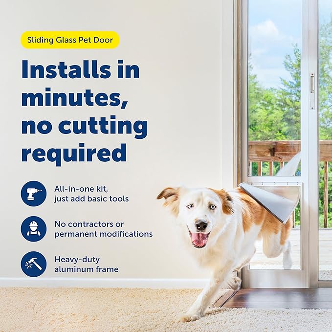 PetSafe Sliding Glass Pet Door - No-Cut DIY Install Doggy Door for Renters - Aluminum Frame - Adjustable Height 75 7/8" to 80 11/16" - Ideal for Large Dogs Up to 100 lb - White