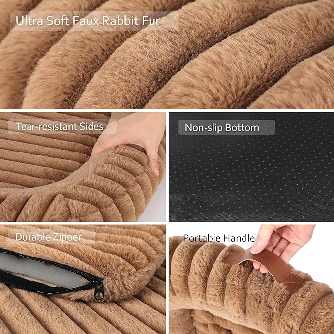 Washable Medium Size Dog Bed, Durable Calming Orthopedic Pet Bed with Removable Cushion Cover & Anti-Slip Bottom, Rectangle Bolster Sides Dog Bed with Handle, 30x24x4inches, Brown