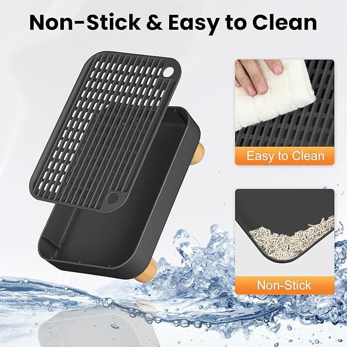 Litter Box Step, Litter Box Ramp/Catcher with Wooden Base, Anti-Tracking & Easy to Clean, Ideal for Small & Elderly Cats (Black)