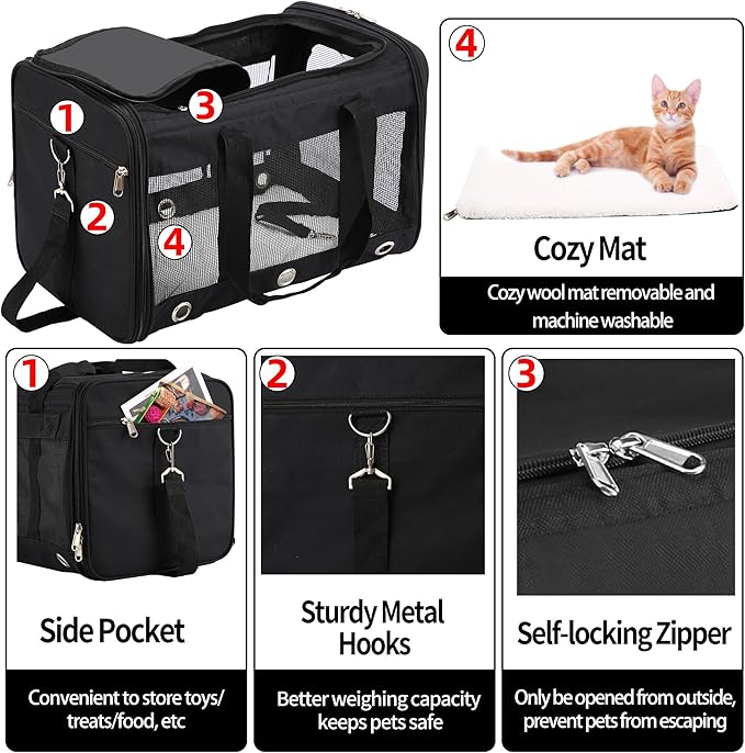 Soft Sided Cat/Dog Carrier，Collapsible Mesh Pets Travel Carriers for Pet/Puppy with Shoulder Strap & Removable Mat，Top Load Small Dogs/Cats Carry Bag Up to 25 Lbs（Black - L）