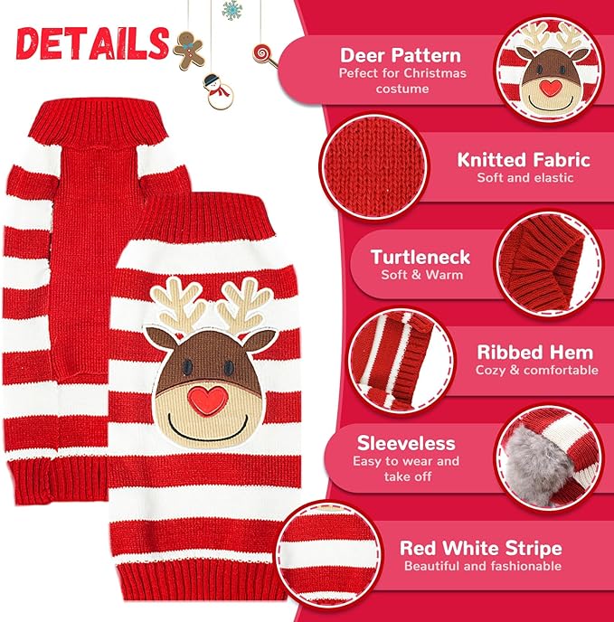 Dog Christmas Sweater Cute Striped Reindeer Xmas Pet Clothes Holiday Puppy Cat Costume New Year Gifts for Small Medium Large Dogs Jumpers (XXS, Red White Stripe Reindeer)