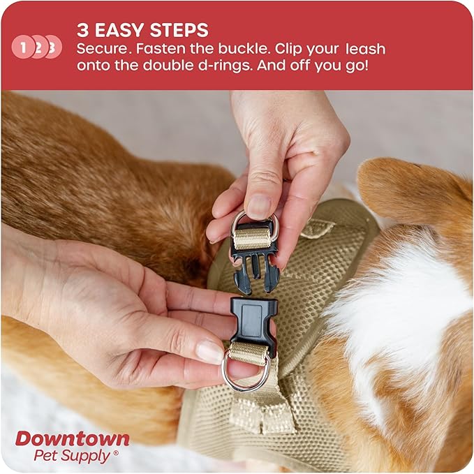 Downtown Pet Supply Step in Dog Harness for Small Dogs No Pull, Large, Khaki - Adjustable Harness with Padded Mesh Fabric and Reflective Trim - Buckle Strap Harness for Dogs