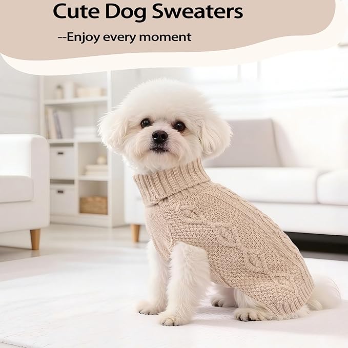 Knitted Dog Sweaters for Small Dogs Warm Small Dog Clothes Winter Sleeveless Puppy Sweater Turtleneck Dachshund Clothes with Twisted Design Doggy Pullover Knitwear Pet Cat Outfit (Beige, Medium)