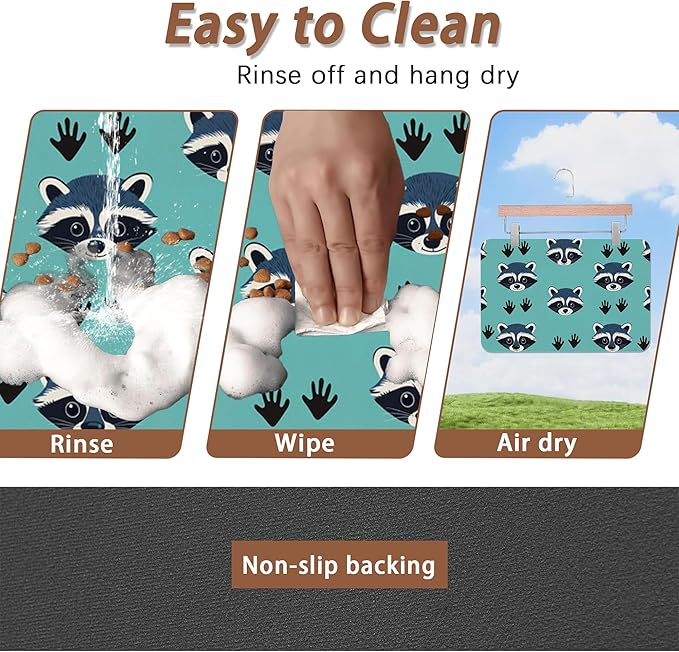 Cute Raccoon Dog Food Mat for Floors,Absorbent Pet Food and Water Bowl Mats,Non-Slip Pet Feeding Mat,Pet Supplies 12" x 20"