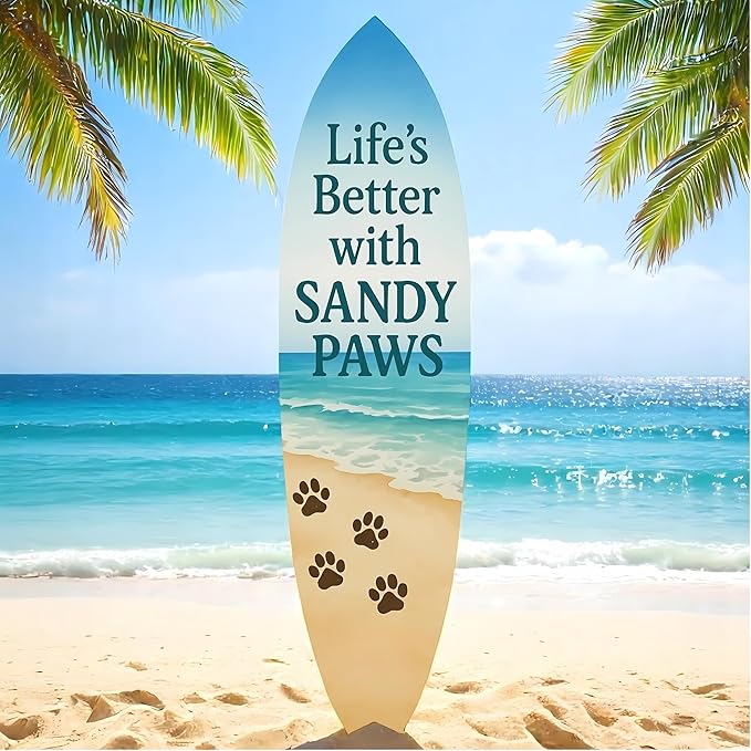 JennyGems Outdoor Decorative Surfboard Wall Art, Pet Wall Decor for Porch, Pool, Fence, PVC Beach House Decoration, Life's Better Sandy Paws, 4 foot