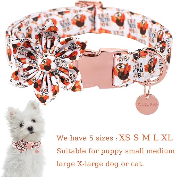 Thanksgiving Dog Collar with Flower, Turkey Cotton Flower Collar for Puppy Girl Dog or Cat, Autumn Flower Collar with Durable Metal Buckle, Thanksgiving Pet Collar, S, Neck 10-16in