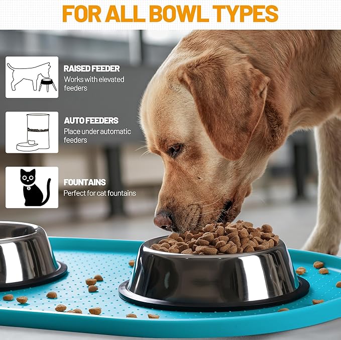 Hubulk 100% Waterproof Silicone Pet Feeding Mat with Raised Edge for Food and Water, Dog Bowl Mats, Cat Bowls Placemat with High Lip Protects Floor for Cats and Dogs (Teal, 32" L x 24" W)