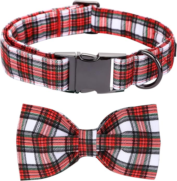 Christmas Dog Collar, Red Plaid Cotton Collars with Bow Adjustable Pet Collar Premium Metal Buckle, Christmas Puppy Necklace for Large Girl and Boy Dogs