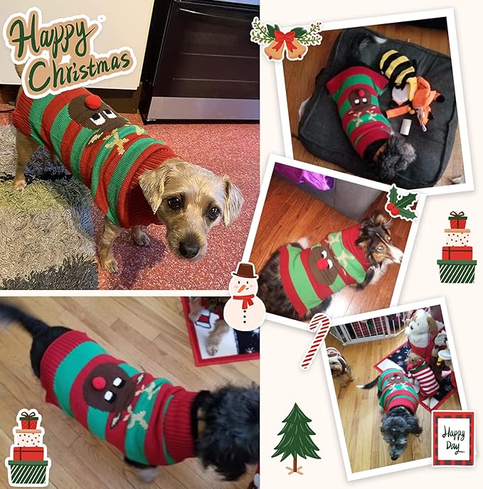 Dog Cat Christmas Sweater Boy Girl Ugly Reindeer Xmas Pet Clothes Holiday Puppy Costume New Year Gifts for Small Medium Large Dogs Outfits (L, Red Green Stripe Reindeer)
