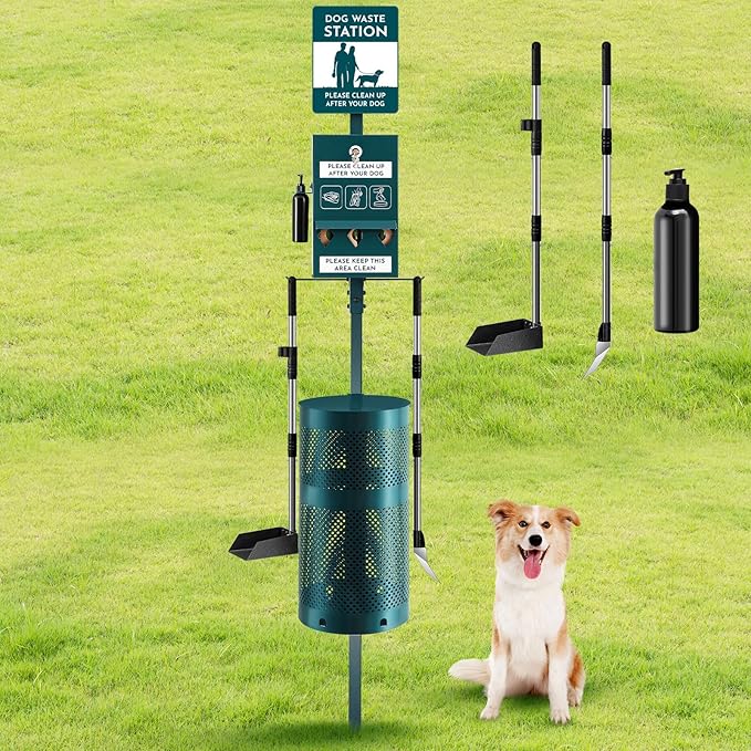 Qinyoung Dog Waste Station Outdoor Dog Poop Trash Can with Poop Bag Dispenser Shovel Dustpan Hand Sanitizer Bottle Rust Proof Bin Pet Waste Disposal System for Business Parks Backyards Trails