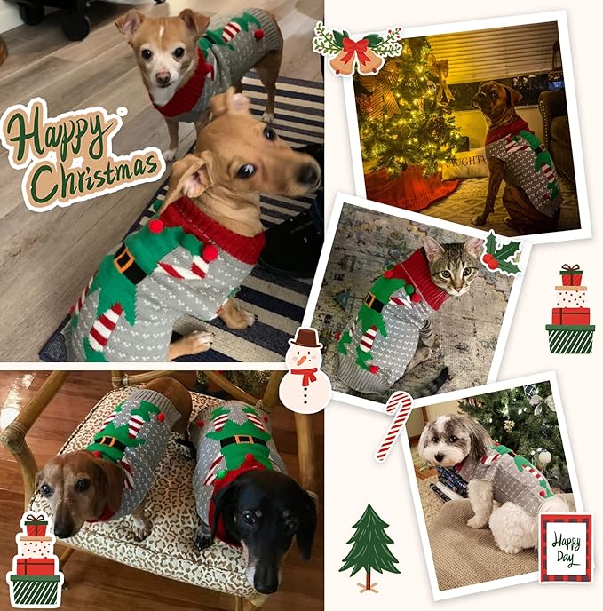 Dog Cat Ugly Christmas Sweater Boy Girl Xmas Pet Clothes Holiday Puppy Costume New Year Gifts for Small Medium Large Dogs Outfits (XXL, Grey Elf)