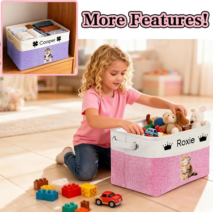 Personalized Dog Toy Storage Basket Custom Dog Name Photo Cat Pet's Gift Baskets Collapsible Organizer Box Foldable Storage Basket with Handle for Toys, Coats, Clothing, Blankets, Brown