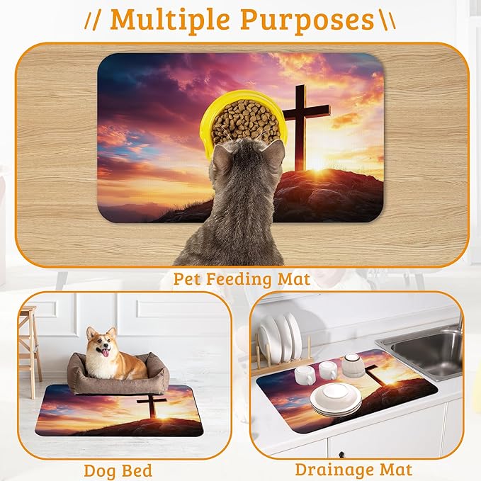 Pet Feeding Mat,Cross Absorbent Dog Cat Food Mat Sunset Dog Mat with Rubber Backing,Non-Slip Water Bowl Placemat,Pet Supplies 12" x 20"