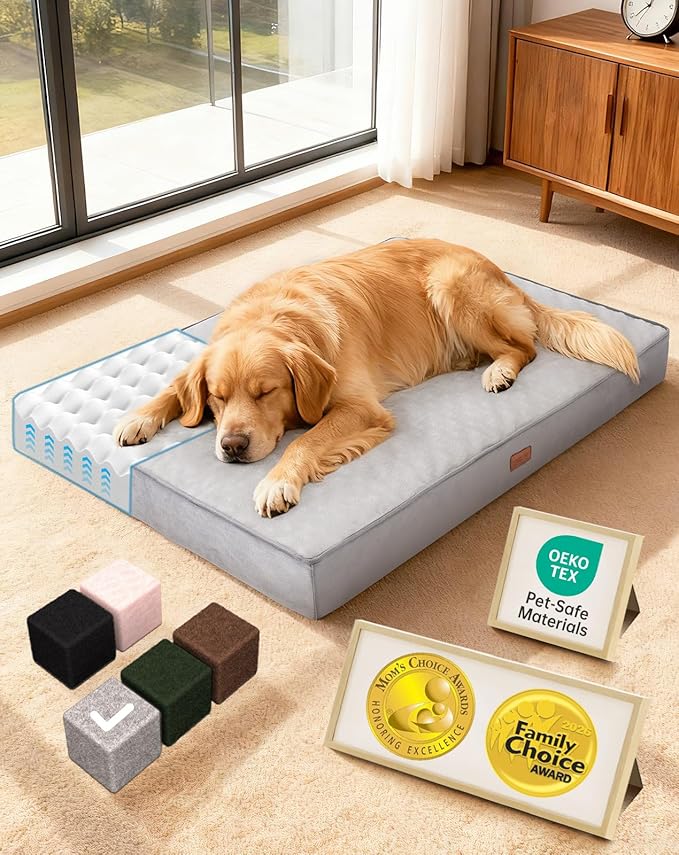 OhGeni Orthopedic Waterproof Dog Bed for Large Dogs, Machine-Washable Removable Cover in Easy-Clean Fabric, High Density Foam & Easy-Carry Handle, Suitable for Crate, 41 inch (Gray)