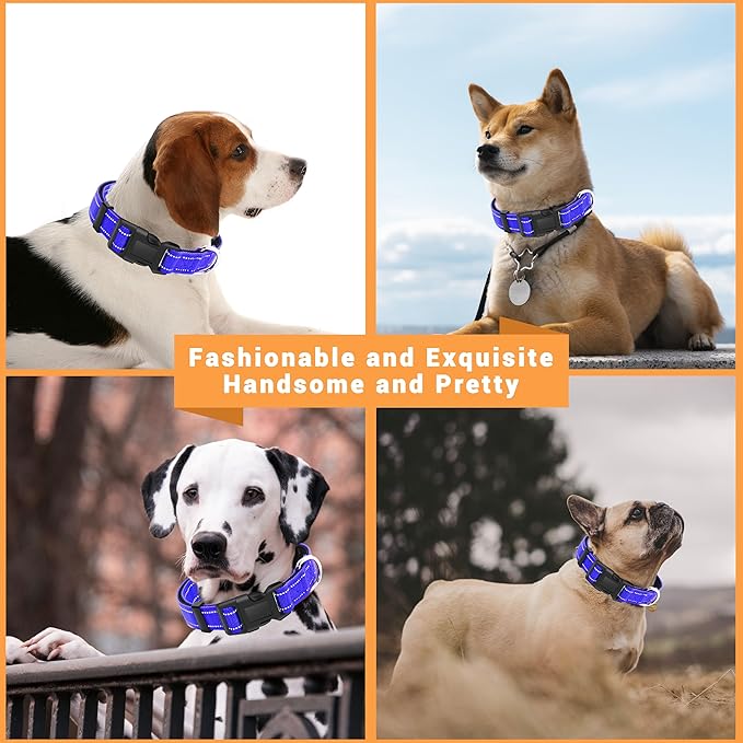 2 Pack Reflective Dog Collar with Safety Locking Buckle, Adjustable Soft Breathable Comfortable Nylon Pet Collar for Small, Medium and Large Dogs, Navyblue, L