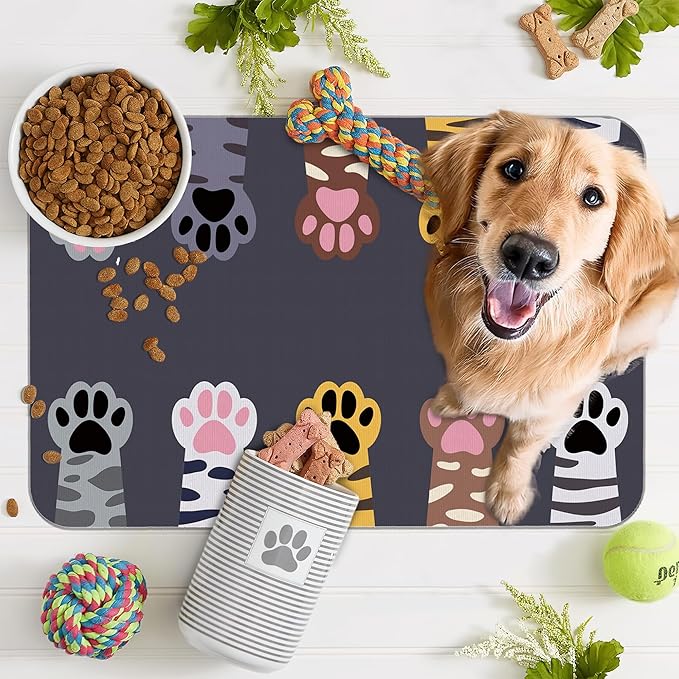 Cute Cat Paw Print Dog Food Mat for Floors,Absorbent Pet Food and Water Bowl Mats,Non-Slip Pet Feeding Mat,Pet Supplies 12" x 20"