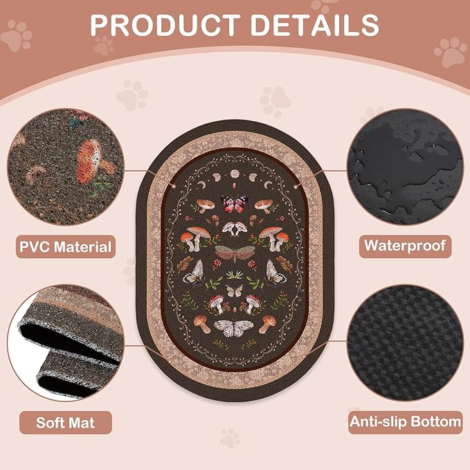 Bienbee Cat Litter Mat, 40" x 30" Jumbo Size Litter Box Mat Rug with Non-Slip Bottom, Urine and Water Proof, Easy to Clean Cat Supplies Essentials for Indoor Kitty Kitten Floor,Brown Mushrooms XL