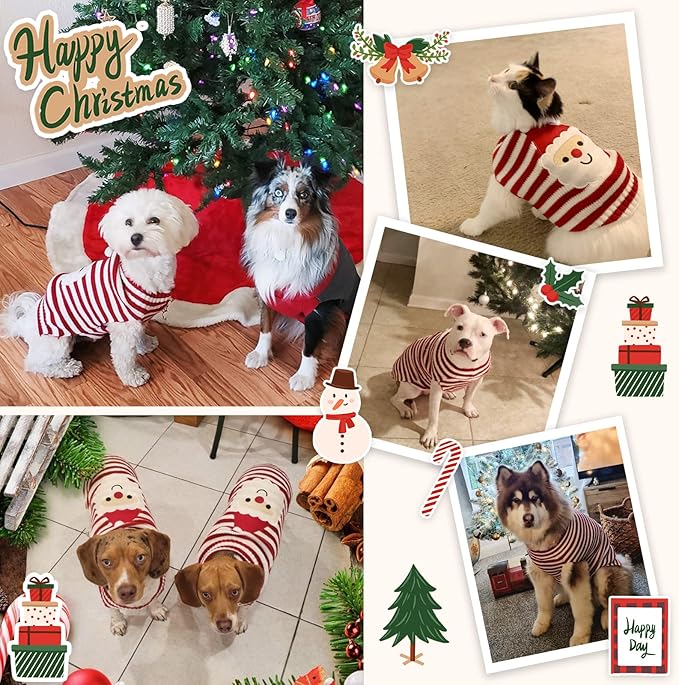 Dog Christmas Sweater Xmas Pet Clothes Cute Striped Santa Claus Costume Holiday Puppy Cat Jumpers Outfits New Year Gifts for Small Medium Large Dogs (S, Red White Stripe Santa Claus)