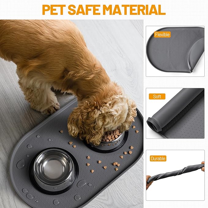 Hubulk 100% Waterproof Silicone Pet Feeding Mat with Raised Edge for Food and Water, Dog Bowl Mats, Cat Bowls Placemat with High Lip Protects Floor for Cats and Dogs (Gray, 32" L x 24" W)