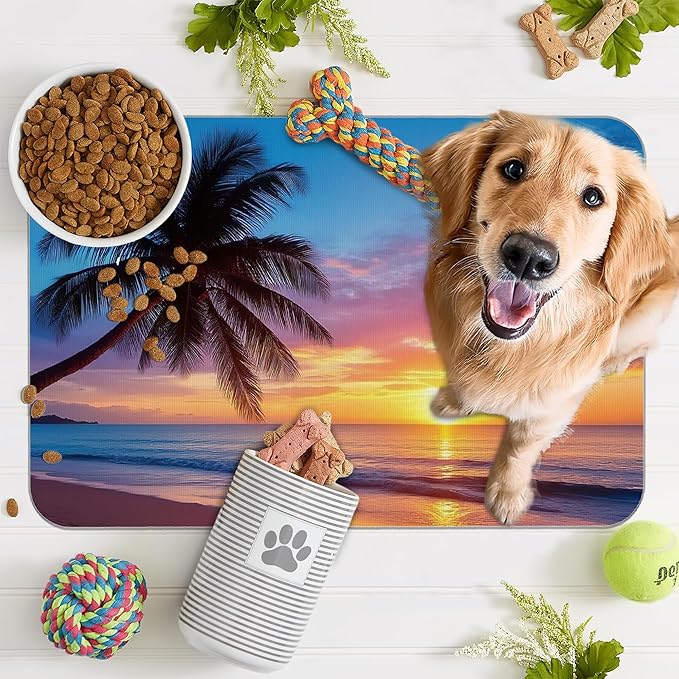 Tropical Palm Pet Feeding Mat,Sunset Trees Sea Beach Absorbent Quick-Dry Cat Dog Food and Water Bowl Mats, Non-Slip Rubber Backing Mat, Cat Dog Accessories Supplies 16"x24"