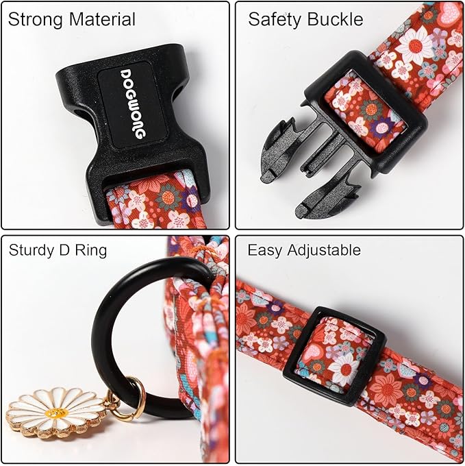 DOGWONG Red Flower Dog Collar, Cute Adjustable Floral Collar, Girl Female Dog Collar with Strong Plastic Buckle for Small Medium Large Dogs,S