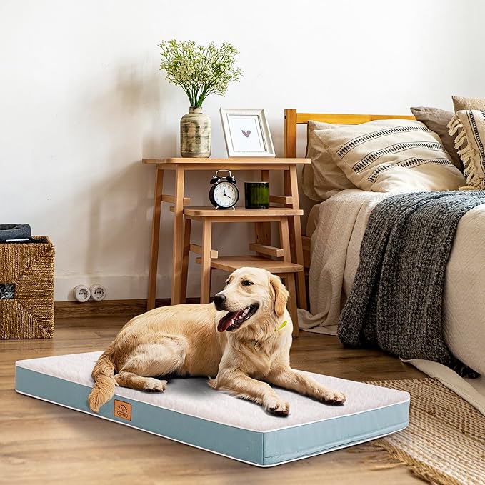 Extra Large Orthopedic Dog Bed for Big Dogs - XL Waterproof Dog Bed with Removable Washable Cover & Anti-Slip Bottom, Crate Bed, Deluxe Plush Pet Bed Mat (Blue)
