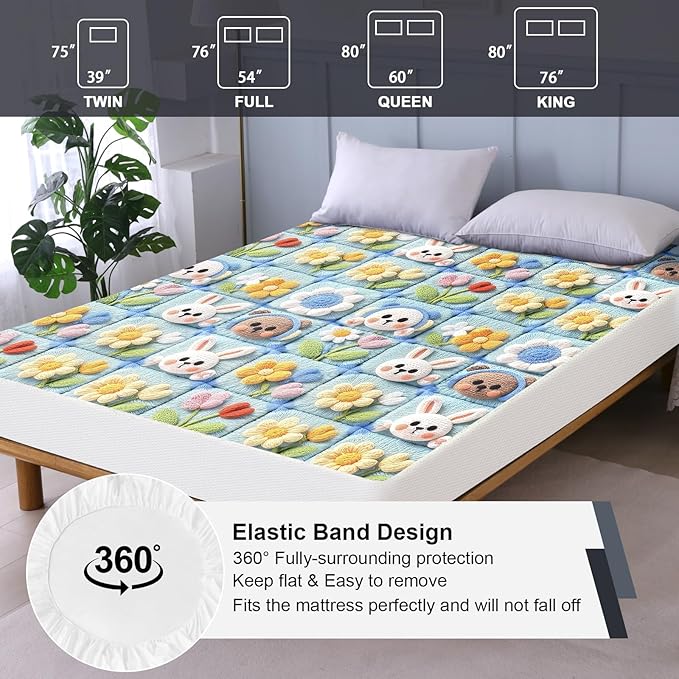 Twin Mattress Protector Waterproof, Fitted Sheet Style Breathable Mattress Cover with Deep Pocket Fits Up to 18'', Noiseless Bed Cover for Kids Adults Pets, Machine Washable (Squares, Twin)