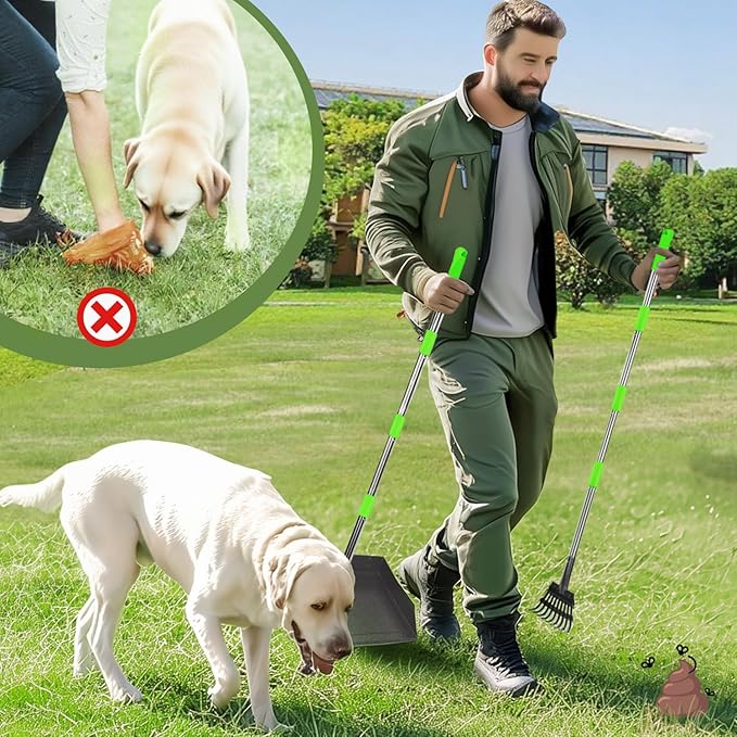 T2Y 48.8" Extra Long Handle Dog Pooper Scooper 3-Piece Set, Heavy Duty Metal Poop Rake, Tray and Spade for Large Dogs, Stainless Steel Pet Waste Remover & Garden Scoop for Yard/Grass/Dirt/Gravel
