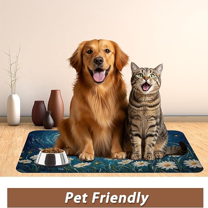 Starry Night Pet Feeding Mat,Moon Daisy Flower Absorbent Quick-Dry Cat Dog Food and Water Bowl Mats,Non-Slip Rubber Backing Mat,Cat Dog Accessories Supplies 16"x24"