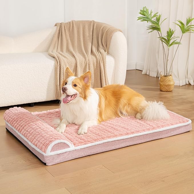 Orthopedic Dog Bed Medium Size Dog with Pillow 30''X20'', Waterproof Soft Comfortable Egg Crate Foam Pet Crate Beds Mat with Removable Washable Cover and Non-Slip Bottom, Pink