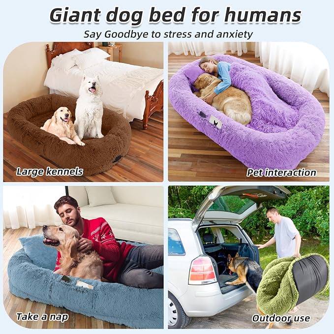 Human Dog Bed, 71''x45''x12'' Size Fits You and Pets, Washable Faux Fur Pet Bed for People Doze Off, Napping Orthopedic Dog Bed, Present Plump Pillow, Blanket, Strap - RustWhite