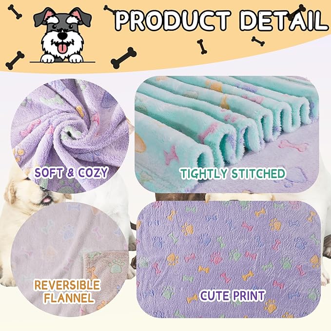 Rezutan 1 Pack 3 Dog Blankets for Small Pet Cat Super Soft Fluffy Premium Throw for Dog Kennels-Beds, Paw Print Blanket, 23x16inch,Purple/Green/Brown