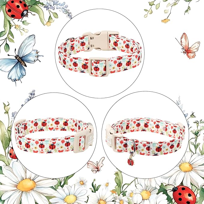 Ladybug Dog Collar for Large Dogs - Cute Spring/Summer Dog Collar, Lightweight Adjustable Cartoon Love Bug Garden Mom Dogs Collars with Quick Release Buckle XL
