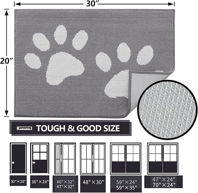 Buganda Dog Door Mat for Muddy Paws, Absorbent Dirt Trapper Washable Indoor Doormats, Non Slip Low-Profile Mud Mat for Dogs, Front Entrance Doormat for Inside Floor (70x24 Inches, Light Grey)