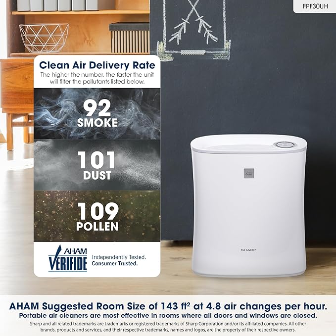 SHARP Air Purifier for Small Rooms – Covers up to 690 sqft in one hour, True HEPA Filter Air Purifier for Bedroom, Office or Dorm Room, Dust, Smoke, Pollen - FPF30UH