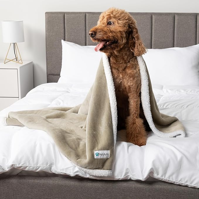 PetAmi Waterproof Dog Blanket for Queen Bed Large XL Dog Throw for Couch Cover Leakproof Furniture Protection, Sherpa Fleece, Reversible Soft Washable 90x90 Taupe