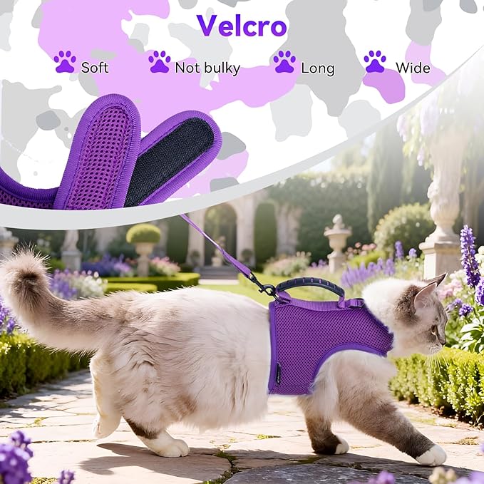 Kitty Harness and Leash for Walking Escape Proof Breathable Mesh Fabric, Purple, Small, Adjustable Cat Walking Jackets with Handle, Padded Stylish Cat Vest