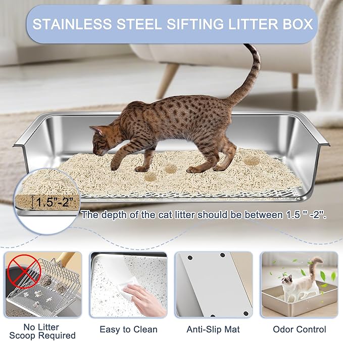 Teheao Stainless Steel Sifting Cat Litter Box for Clumping Litter, Kitty Large Metal Sifter Tray Pan with Cat Litter Bag, Low Dust, Odor Control, Easy Cleaning (17.7"*13.8"*5.9")