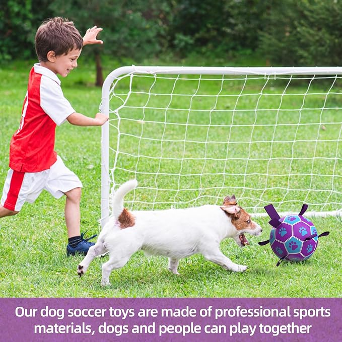 QDAN Dog Ropes Toys Soccer Ball with Straps, Puppy Birthday Gifts, Tug of Toy, Water Toy, Durable Balls for Dogs, Medium Small Breed, 6 Inch