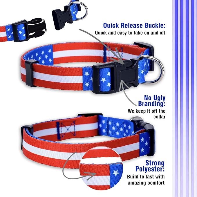 Native Pup American Flag Dog Collar- Red White and Blue- Patriotic Collars for 4th of July, USA- Adjustable Small, Medium, Large Breed Dogs (Small, Flag I)