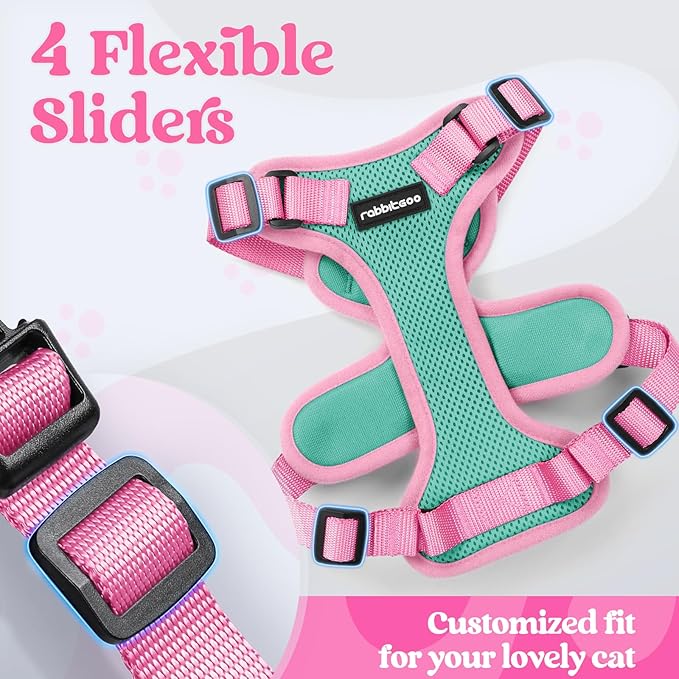 rabbitgoo Cat Harness and Leash Set, Escape Proof Soft Adjustable Vest Harnesses for Outdoor Walking, Easy Control Breathable Kitten Jacket with Reflective Strips, Green & Pink, S